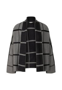 Grau-schwarzer karierten Schal mit lockerem Sitz, offenem Frontdesign und einer Mischung aus glatten und strukturierten Materialien mit kontrastierenden Streifendetails.