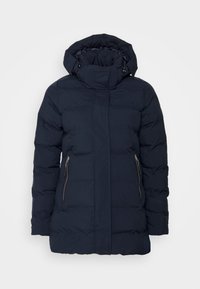 Granatowa kurtka puchowa z wysokim kołnierzem i odpinanym kapturem, wyposażona w dwie boczne kieszenie na zamek oraz pikowaną teksturę.