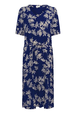 Navyblauwe jurk met een V-hals, korte mouwen en een tailleband. Heeft een wit loofpatroon overal, gemaakt van lichtgewicht stof.