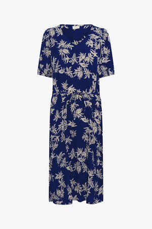 Navyblauwe jurk met een V-hals, korte mouwen en een tailleband. Heeft een wit loofpatroon overal, gemaakt van lichtgewicht stof.