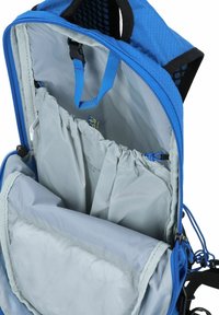 Zaino blu con interno grigio, dotato di scomparti multipli, spallacci regolabili e pannello posteriore in rete per la ventilazione.