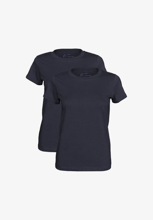 Zwei navyblaue Baumwoll-T-Shirts, kurze Ärmel, Rundhalsausschnitt, weiche Textur, einfaches Design, ohne Muster oder Akzente.