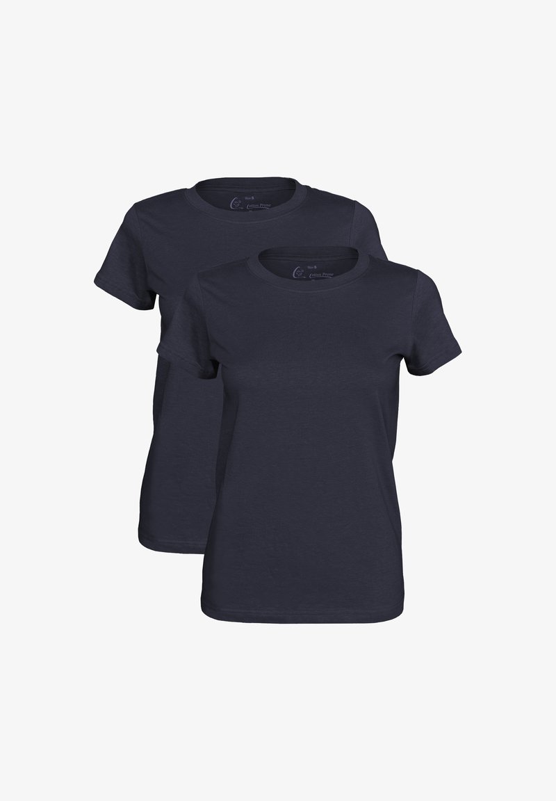 Two navy blue cotton T-shirts, short sleeves, crew neck, soft texture, simple design, no patterns or accents.