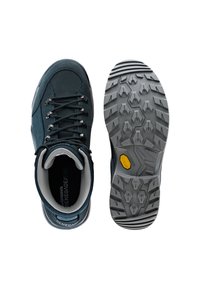 Hochschuh für Wanderungen aus dunkelblauem Leder, mit schwarzen Schnürsenkeln, einer grauen Sohle mit robustem Profil und einem gepolsterten Schaft.