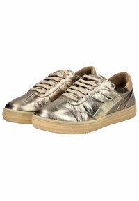 Sneakers metallici oro con tomaia in pelle testurizzata, accenti beige a contrasto, punta rotonda e suola in gomma. Design con lacci per una vestibilità sicura.
