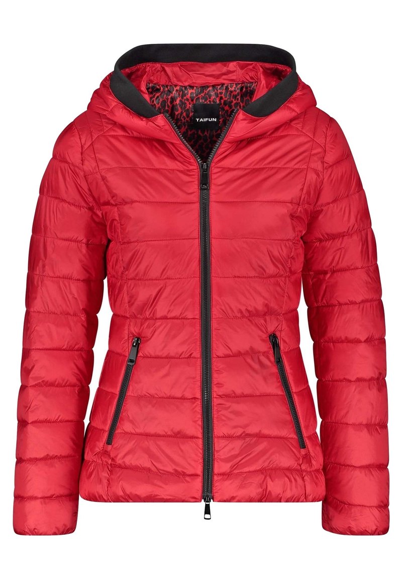 Red puffer jacket with a hood, featuring horizontal quilted texture, front zipper, and side pockets with black accents. Lined with leopard print.