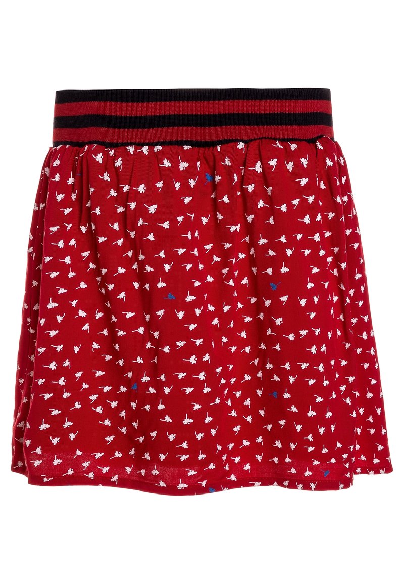 Jupe rouge avec un motif floral blanc et bleu, ceinture élastique noire avec des rayures rouges, design froncé. Tissu lisse, longueur genoux.