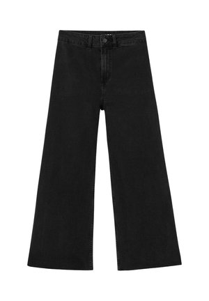 Jean noir taille haute à jambes larges avec fermeture par bouton et zip et passants pour ceinture, présenté à plat sur un fond blanc.