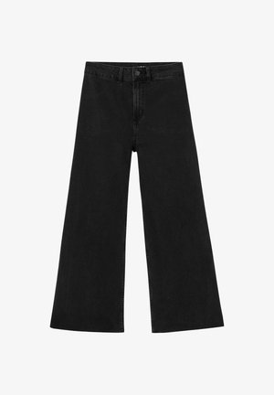 Jean noir taille haute à jambes larges avec fermeture par bouton et zip et passants pour ceinture, présenté à plat sur un fond blanc.