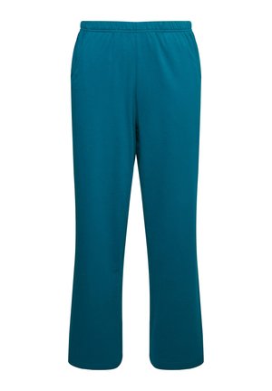 Pantaloni da lounge elasticizzati in teal con vita elasticizzata, tasche laterali e vestibilità comoda. Il tessuto appare liscio con una finitura opaca.