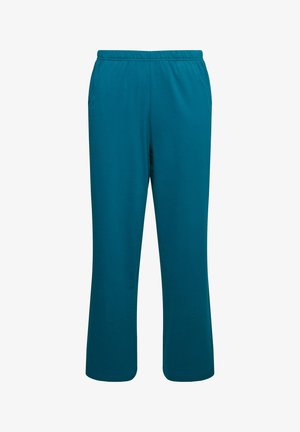 Zelené, pružné domácí kalhoty s elastickým pasem, bočními kapsami a uvolněným střihem. Materiál vypadá hladce s matným povrchem.