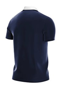 Dunkelblaues Poloshirt mit weißem Kragen, kurzen Ärmeln und glatter Textur. Verfügt über Seitennaht und eine taillierte Passform.