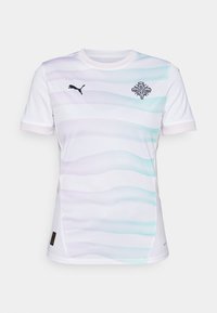White short-sleeve football jersey featuring subtle pastel wavy stripes, embroidered logo on chest, and contrast collar and sleeve trims.