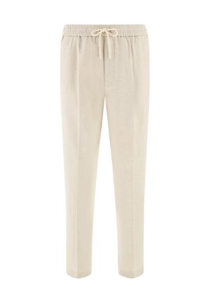 Beige Hose mit Tunnelzugbund, vorderen Taschen und geradem Beinverlauf, designed für legere oder entspannte Trageanlässe.