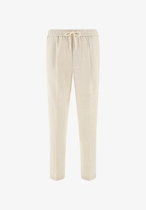 Pantalon beige à taille élastique avec poches avant et coupe droite, conçu pour une tenue décontractée ou relaxée.