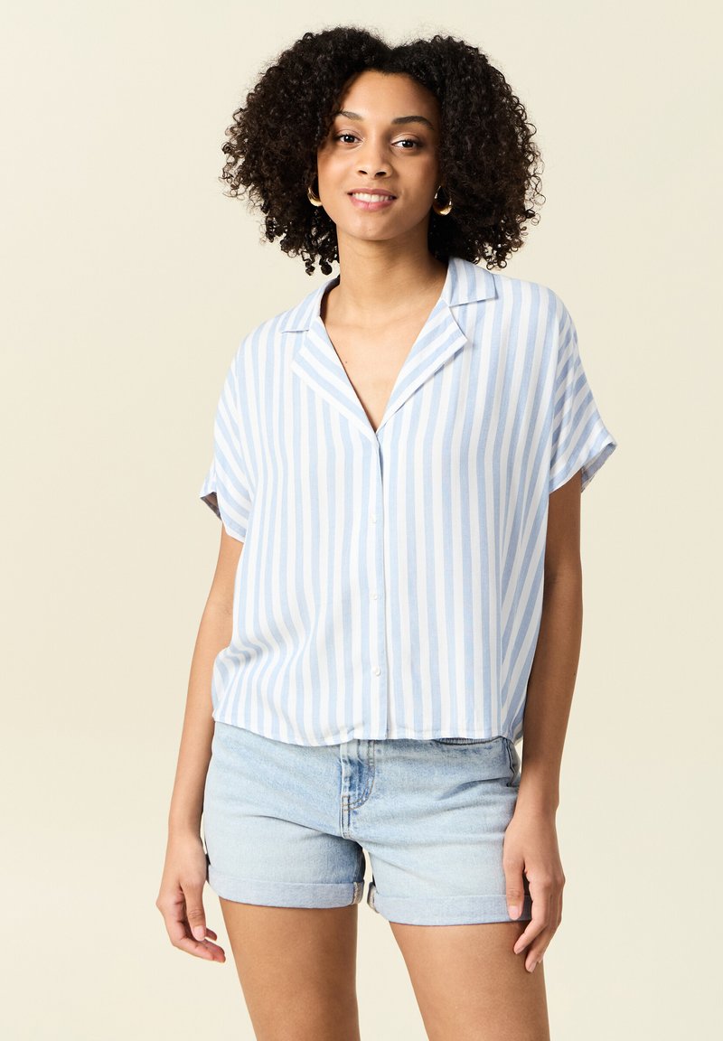 Blå och vitrandig kortärmad skjorta med knappar och krage, tillsammans med ljusa jeansshorts. Mjuk tyg, avslappnad design.