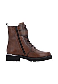 Brown leather ankle boot with a side zipper, black laces, a velcro strap, and a chunky black rubber sole. Smooth finish with subtle stitching.