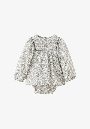 Blumenmuster-Infant-Romper in Weiß und Grün, mit gepufften Ärmeln, Rüschendetails und einem gerafften Rücken mit Druckknopfverschluss.