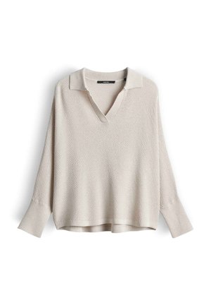 Maglione beige a maniche lunghe in maglia con polsini larghi, motivo a texture, scollo a V e vestibilità morbida e ampia.