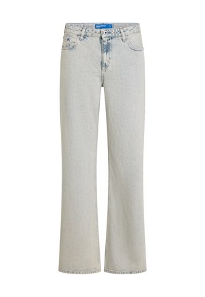 Jean bleu clair taille haute, coupe droite avec poches avant et fermeture par bouton, présentant un léger effet délavé près de la zone de la fermeture éclair.