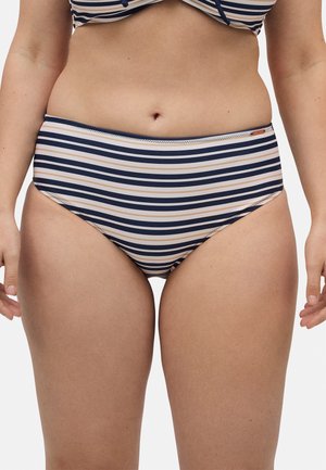 Parte inferior de bikini a rayas con un diseño de cintura alta. Presenta rayas en tonos marino, beige y crema. Textura suave, cinturilla elástica y detalles de costura mínimos.