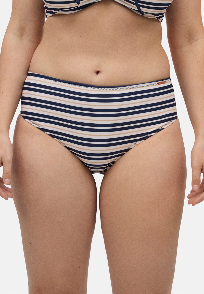 Parte inferior de bikini a rayas con un diseño de cintura alta. Presenta rayas en tonos marino, beige y crema. Textura suave, cinturilla elástica y detalles de costura mínimos.