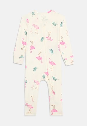 Grenouillère bébé couleur crème avec imprimés flamant rose et feuilles vertes, manches longues et fermeture éclair à l'avant.
