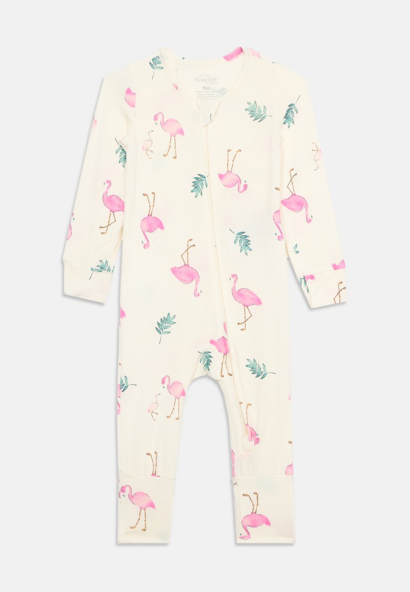 Φορμάκι μωρού σε κρεμ χρώμα με ροζ φλαμίνγκο και πράσινα φύλλα, με μακριά μανίκια και φερμουάρ μπροστά.