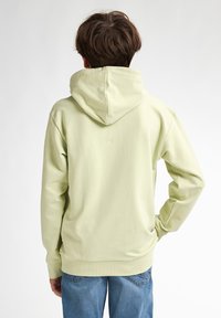 Felpa verde chiaro con cappuccio, dal taglio rilassato e polsini a coste, mostrata da dietro. Design semplice, tessuto morbido e senza motivi visibili.