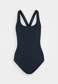 Maillot de bain une pièce bleu marine avec une encolure dégagée, des bretelles croisées dans le dos et une texture lisse et extensible. Présente un petit logo sur le côté.
