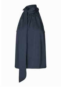 Blusa senza maniche di colore blu navy con colletto annodato, dettagli arricciati e silhouette fluida. Realizzata in tessuto leggero e liscio.