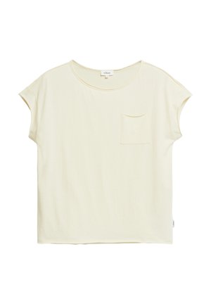 Kremowy t-shirt z krótkim rękawem, okrągłym dekoltem i małą kieszonką na piersi, wykonany z gładkiej tkaniny.