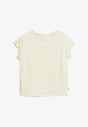 Kremowy t-shirt z krótkim rękawem, okrągłym dekoltem i małą kieszonką na piersi, wykonany z gładkiej tkaniny.