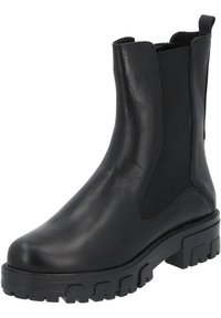 Botín chelsea negro con parte superior de cuero liso, paneles laterales elásticos, suela de goma gruesa y tira reforzada en el talón para facilitar su uso.