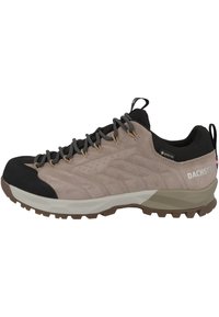 Vaaleanbeige vaelluskengät, joissa on musta kuminen varvaskuppi, teksturoitu mokkanahka yläosa, tukeva kieli ja kuvioitu nauhajärjestelmä. Varustettu Gore-Tex-logolla.
