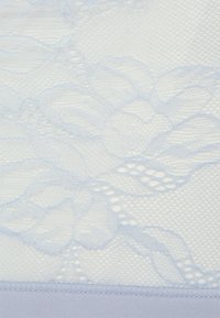 Tecido de renda azul-claro com padrões florais e uma malha texturizada, acentuado com um acabamento sólido azul ao longo da borda inferior.