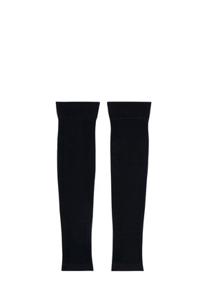 Paire de manchons de compression noirs avec motifs tricotés texturés, conçus pour le soutien et une meilleure circulation.