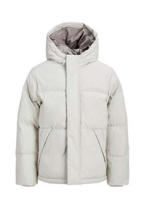 Lichtgrijze donsjas met capuchon, voorste rits bedekt door een flap, en twee diagonale voorzakken.