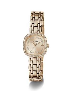 Reloj de tono dorado con esfera cuadrada, adornado con detalles de cristal y un diseño de pulsera de eslabones texturizados para un aspecto moderno.