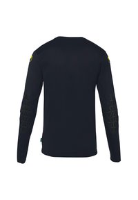 Pull noir à manches longues avec des accents jaunes, des coudières texturées avec des motifs géométriques, et un col rond.