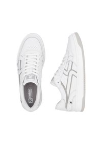 White athletic shoes made of leather with gray accents, featuring a rounded toe, perforated detailing, and a textured rubber sole.