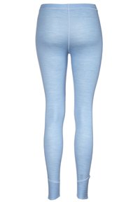 Ljusblå leggings gjorda av ett glatt, elastiskt tyg. De har en åtsittande silhuett med en sömlös midjeband och avsmalnande ben.