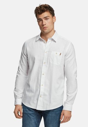 White long-sleeve shirt in lightweight fabric, features a button-up front, a chest pocket, and a small logo on the pocket.
