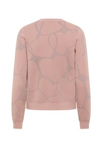 Rosa Pullover mit silbernem Herzmuster, runder Ausschnitt, langen Ärmeln und ribbeltem Saum. Weiches Strickmaterial mit leicht strukturiertem Finish.