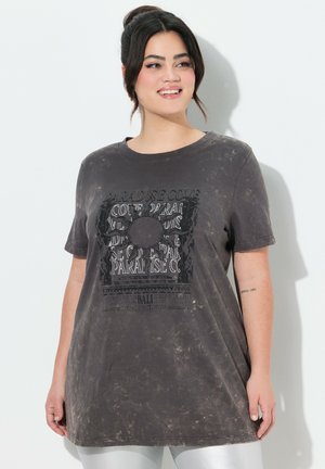 Dunkelgraues T-Shirt mit kurzen Ärmeln aus Baumwolle, mit strukturiertem Stoff, rundem Hals und einem grafischen Druck mit der Aufschrift "PARADISE COVE."