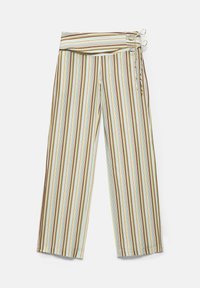 High-waisted pants with vertical stripes in brown, beige, blue, and white, featuring a fold-over waistband with two metal ring ties on the side.