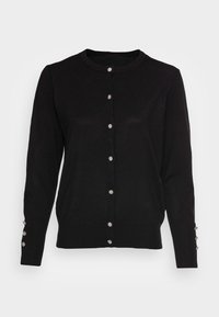 Black cardigan, ribbed texture, round neckline, front buttons with floral-like accents, long sleeves with decorative buttons at cuffs.