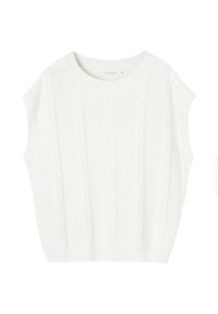 Witte gebreide mouwloze sweater met kabelpatroon, ronde halslijn en geribbelde randen. Zachte textuur, casual en ontspannen pasvorm.