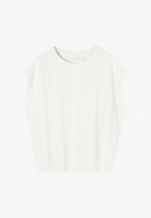 White knitted sleeveless sweater featuring a cable pattern, round neckline, and ribbed edges. Soft texture, casual and relaxed fit.