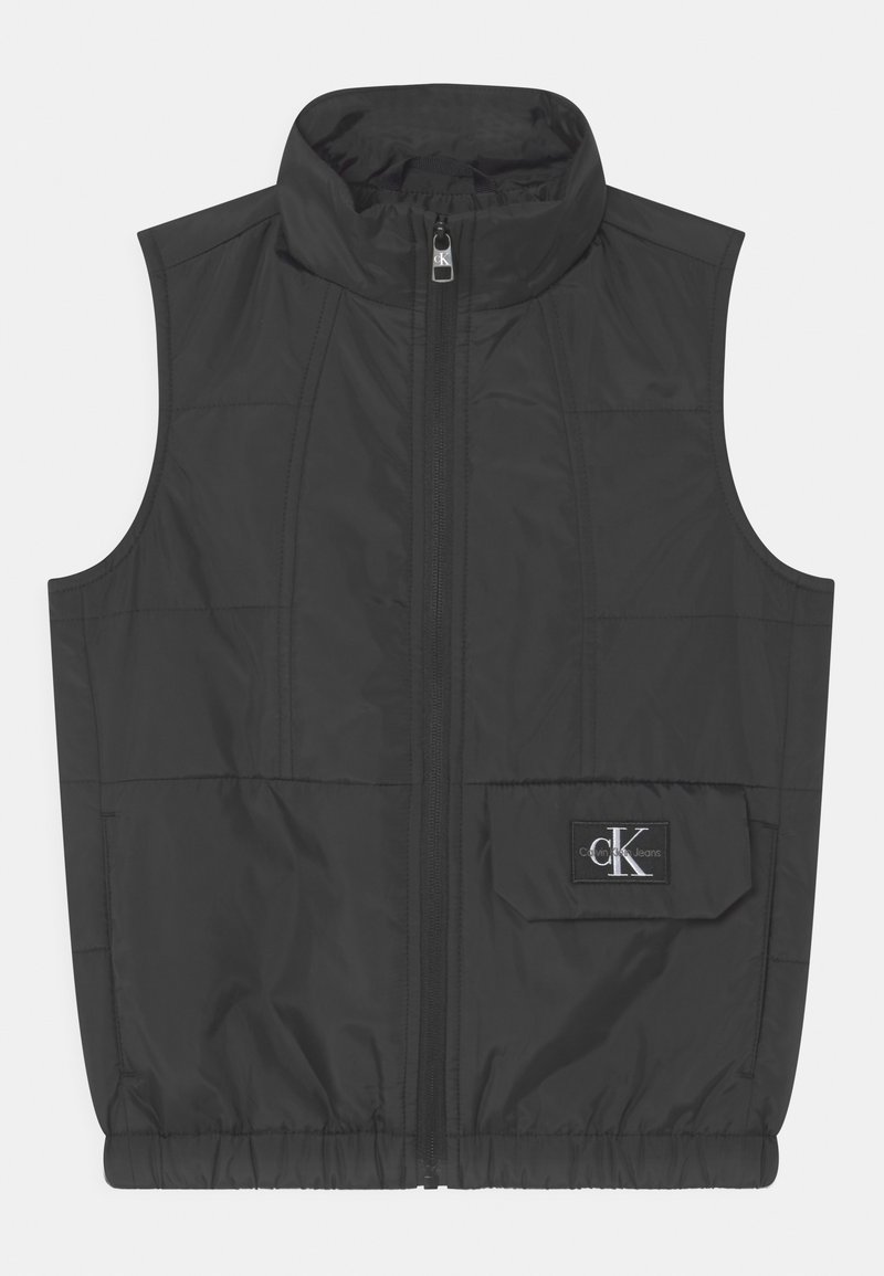 Svart ärmlös zip-up väst med hög krage och en framficka med en Calvin Klein Jeans logotyp patch.